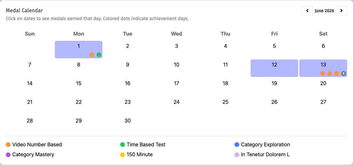 Medal calendar for June 2026 with achievement dots on active days